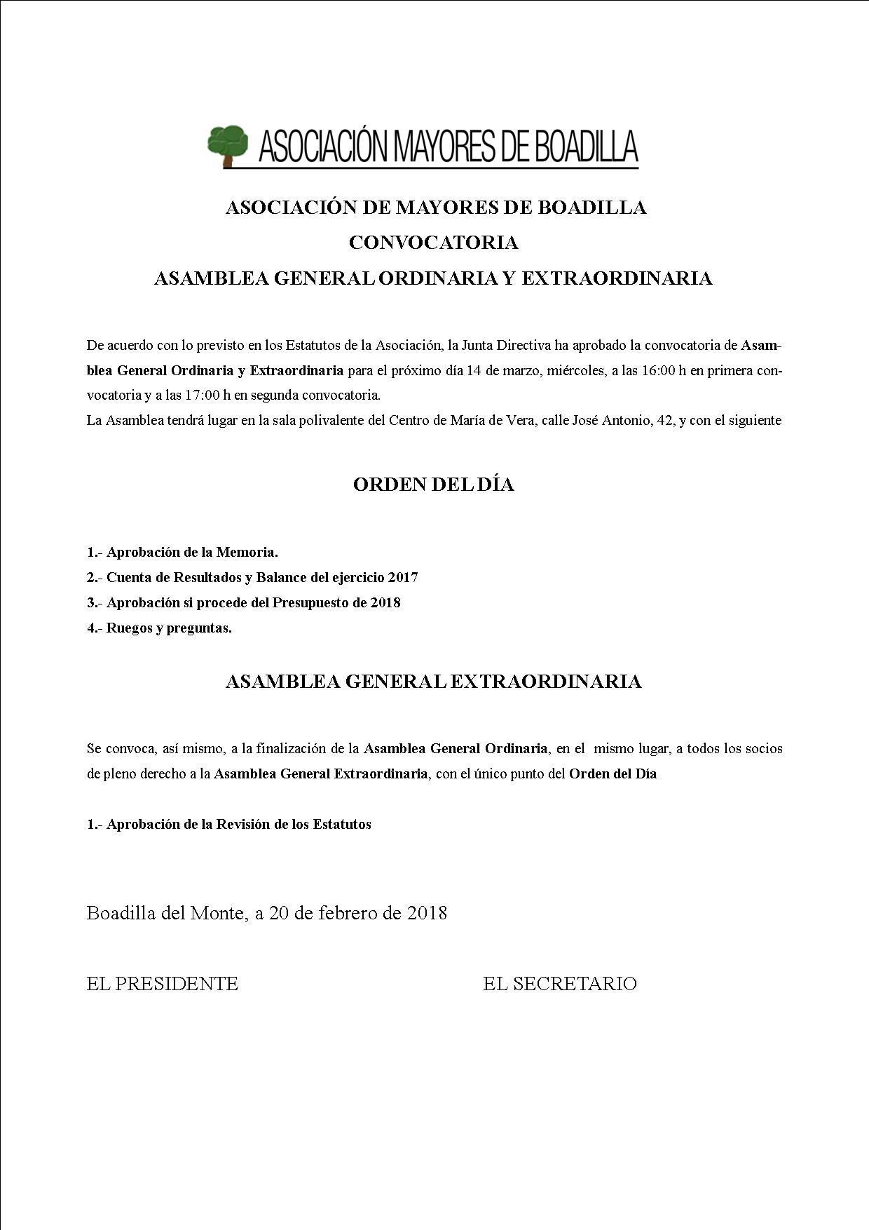 CONVOCATORIA ASAMBLEA GENERAL 2018